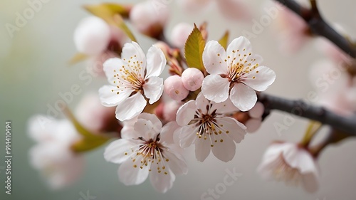 Closeup photograph of a branch of white cherry blossom