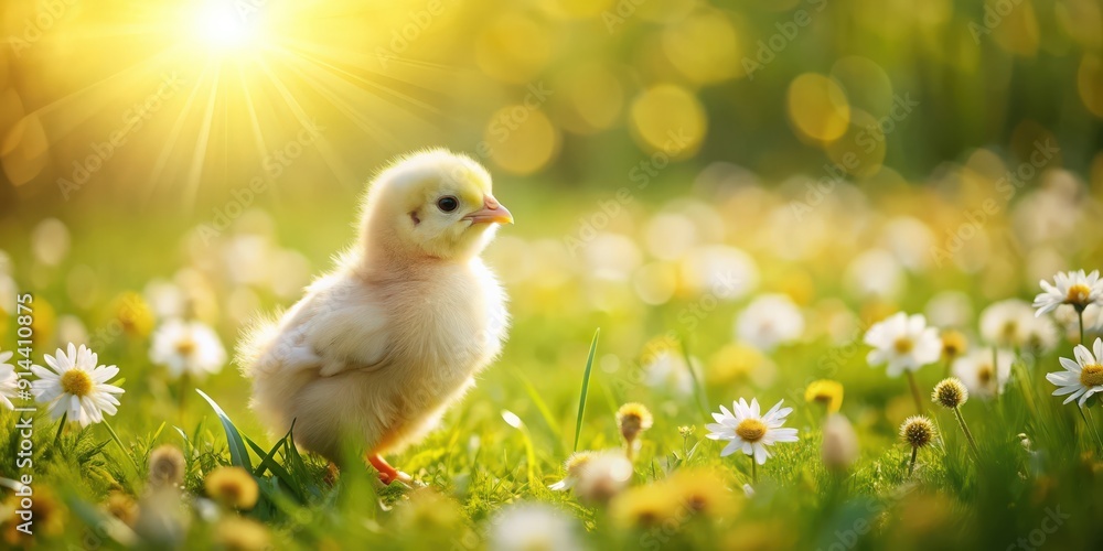 Chick in a sunny field surrounded by blooming flowers and lush green grass, Chick, field, flowers, green grass, spring, easter Chick in a sunny field surrounded by blooming flowers and lush green grass, Chick, field, flowers, green grass, spring, easter