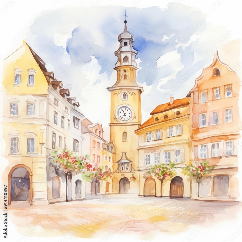 Fototapeta premium Historic town square, cobblestone streets and clock tower