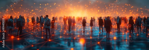 Silhouetted crowd against a digital network backdrop. A perfect image for illustrating connectivity and technology in digital and social platforms. Ideal for marketing and editorial features.