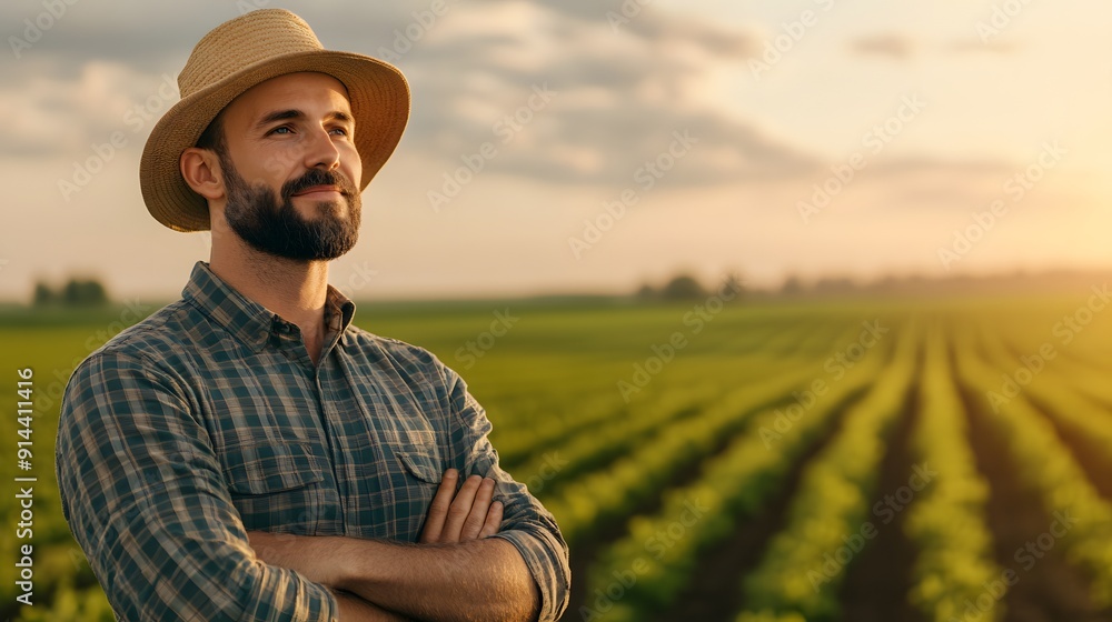An agricultural consultant standing in a field at sunset, reflecting on best farming practices An agricultural consultant standing in a field at sunset, reflecting on best farming practices