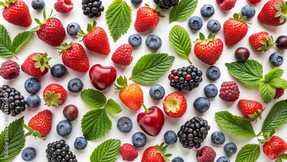 Fresh Berries and Leaves on White Background, Flat Lay, Summer Fruit, Food Photography, Healthy Snack , blueberries, strawberries Fresh Berries and Leaves on White Background, Flat Lay, Summer Fruit, Food Photography, Healthy Snack , blueberries, strawberries