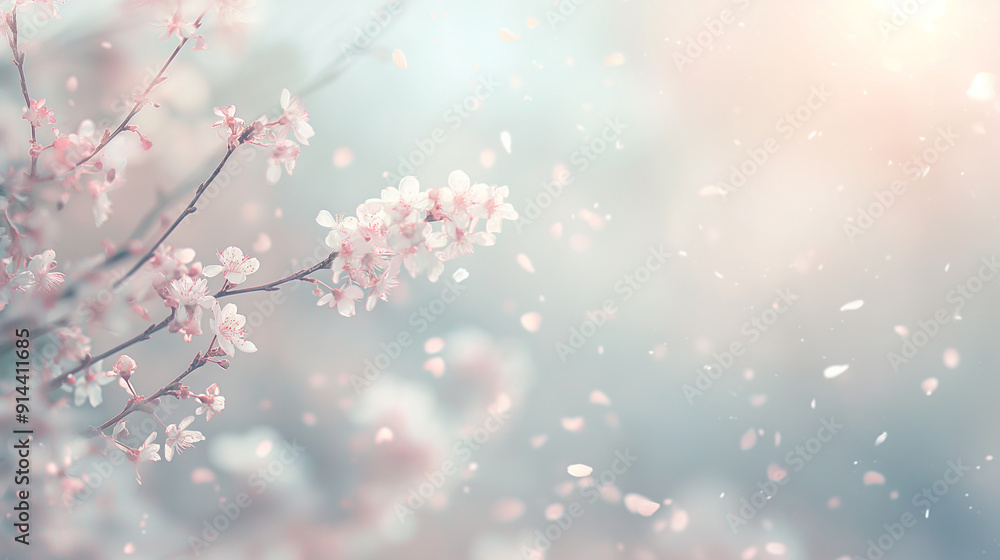A close up of a cherry blossom tree with pink flowers and white snow A close up of a cherry blossom tree with pink flowers and white snow