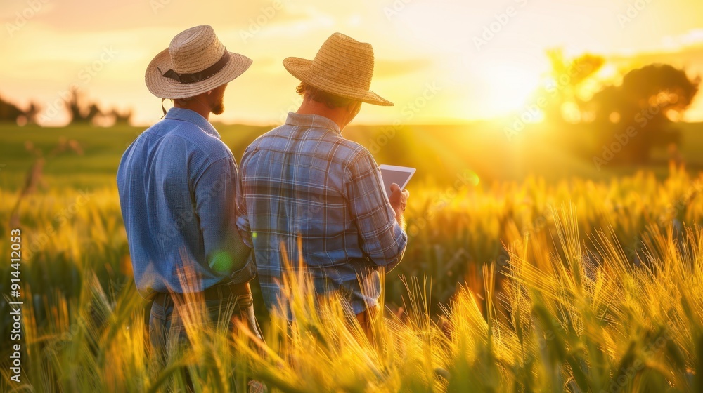 Farmers in wheat field at sunset Farmers in wheat field at sunset