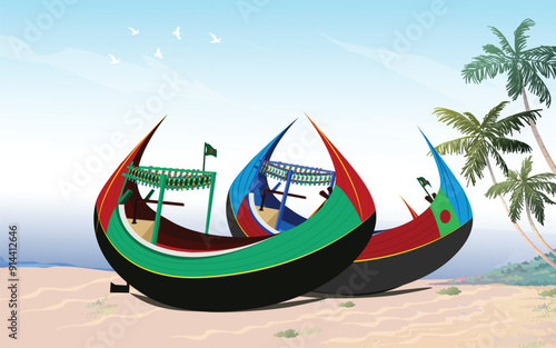 Traditional colorful wooden fishing boat on the coxs bazar With Blue Sky Background
