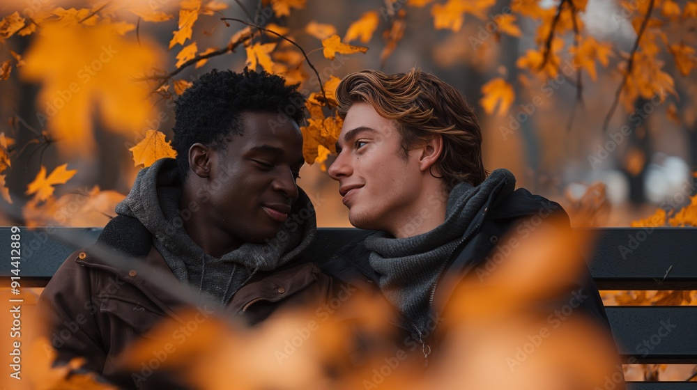 Intimate gay couple enjoying a serene autumn day. A beautiful portrayal of love and relationship, ideal for LGBTQ+ themed content and diversity campaigns. Intimate gay couple enjoying a serene autumn day. A beautiful portrayal of love and relationship, ideal for LGBTQ+ themed content and diversity campaigns.