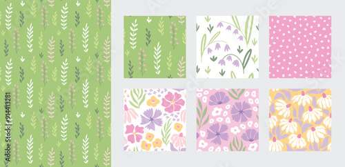 Floral seamless pattern set, trendy graphic digital papers with botanical elements, flowers, leaves for your design. Hand drawn collection. Vector illustration.