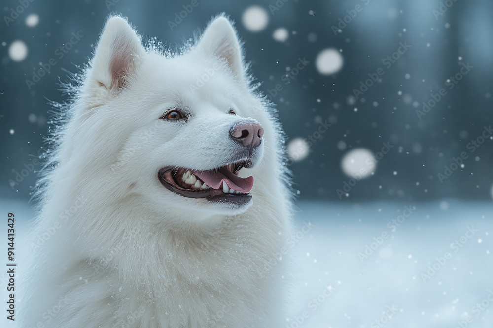 A Samoyed smiling brightly in a snowy landscape. A Samoyed smiling brightly in a snowy landscape.
