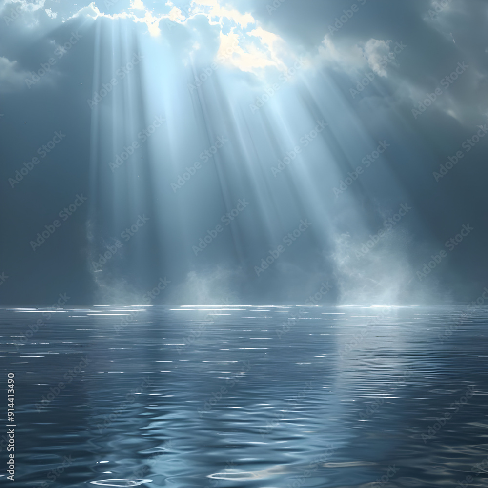 Sun rays breaking through clouds illuminating a calm sea surface. Sun rays breaking through clouds illuminating a calm sea surface.