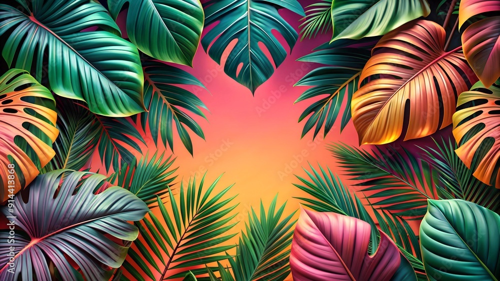 Vibrant Tropical Leaves on a Sunset Gradient generative AI Vibrant Tropical Leaves on a Sunset Gradient generative AI
