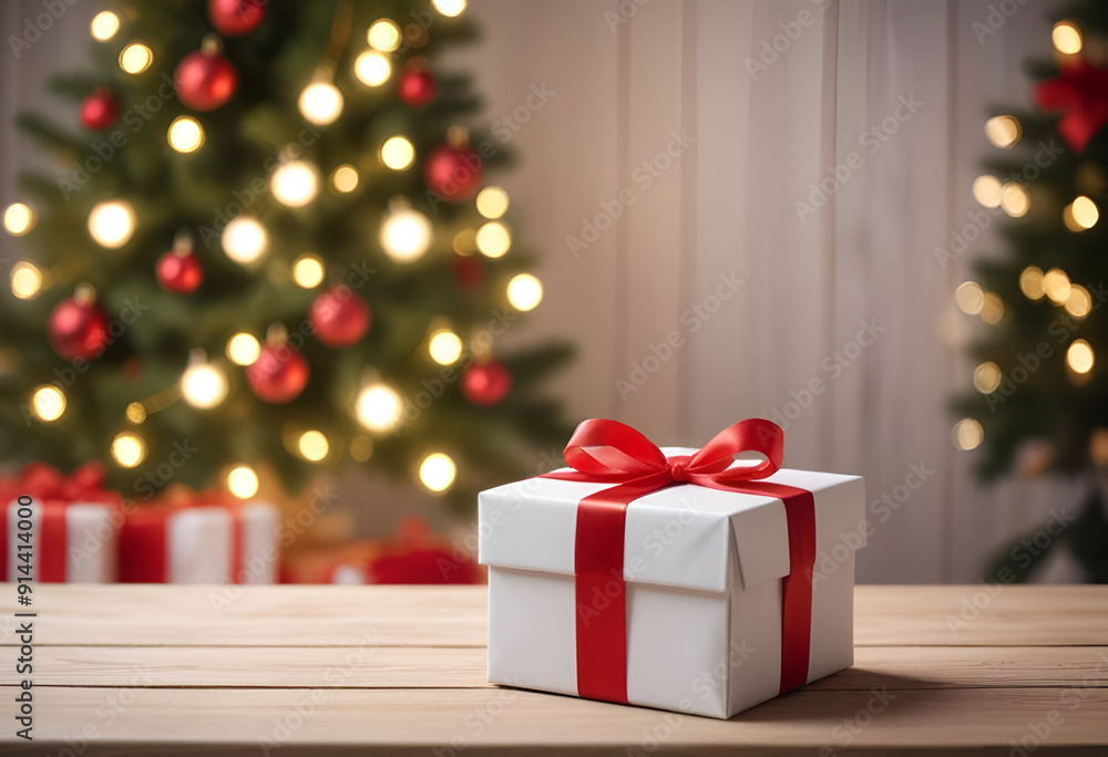 A white gift box with a red ribbon on a table in front of a christmas tree and light A white gift box with a red ribbon on a table in front of a christmas tree and light