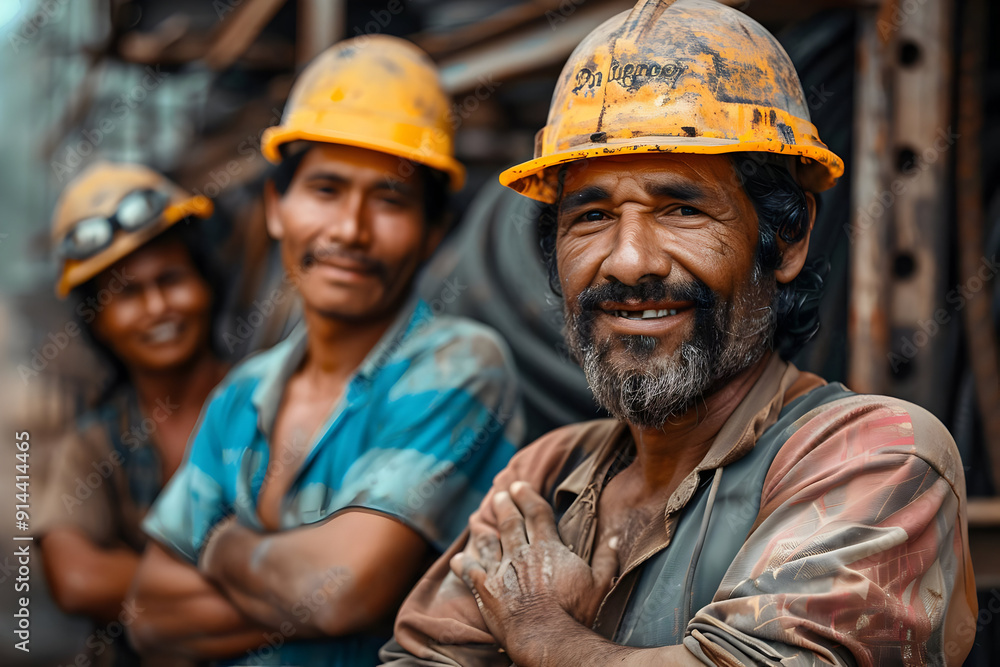 Three construction workers, two wearing hard hats, smile for the camera. Three construction workers, two wearing hard hats, smile for the camera.