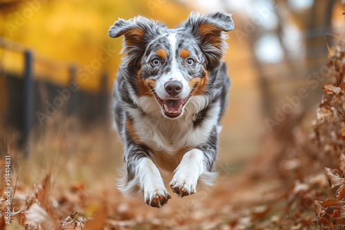 An Australian Shepherd jumping through an agility course.