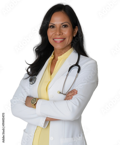 Portrait of smiling Hispanic female doctor with white lab coat and stethoscope, transparent background, cut out