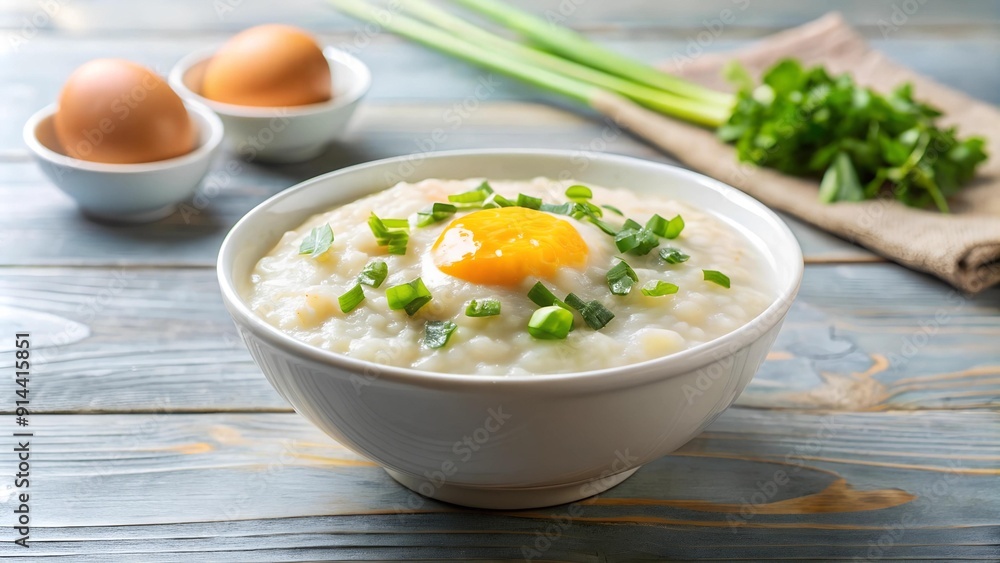 A Bowl of Sunshine: Creamy Chicken Rice Porridge with a Golden Egg AI generated A Bowl of Sunshine: Creamy Chicken Rice Porridge with a Golden Egg AI generated