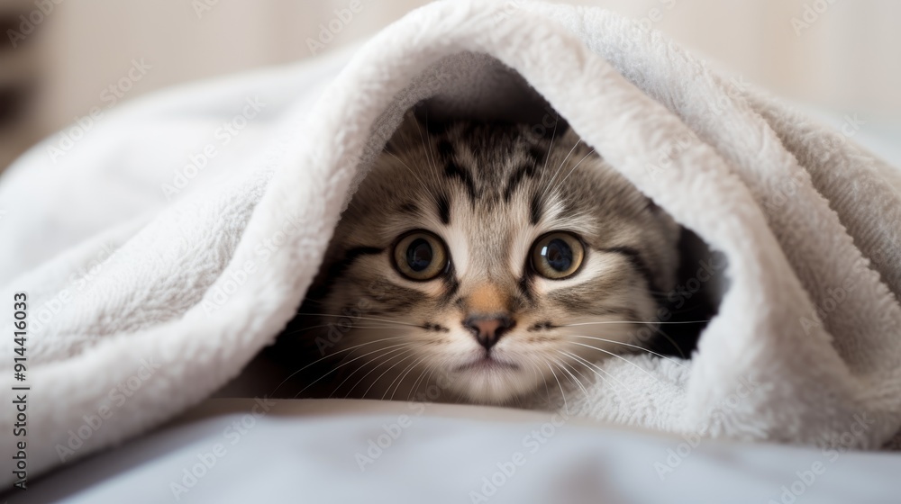 photograph of Funny kitten wrapped in a blanket white background photograph of Funny kitten wrapped in a blanket white background