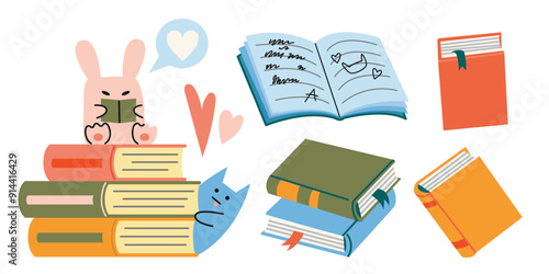 Cute characters and a stack of books set, the concept of school and learning. Trendy modern vector illustration isolated on white background, hand drawn, flat design