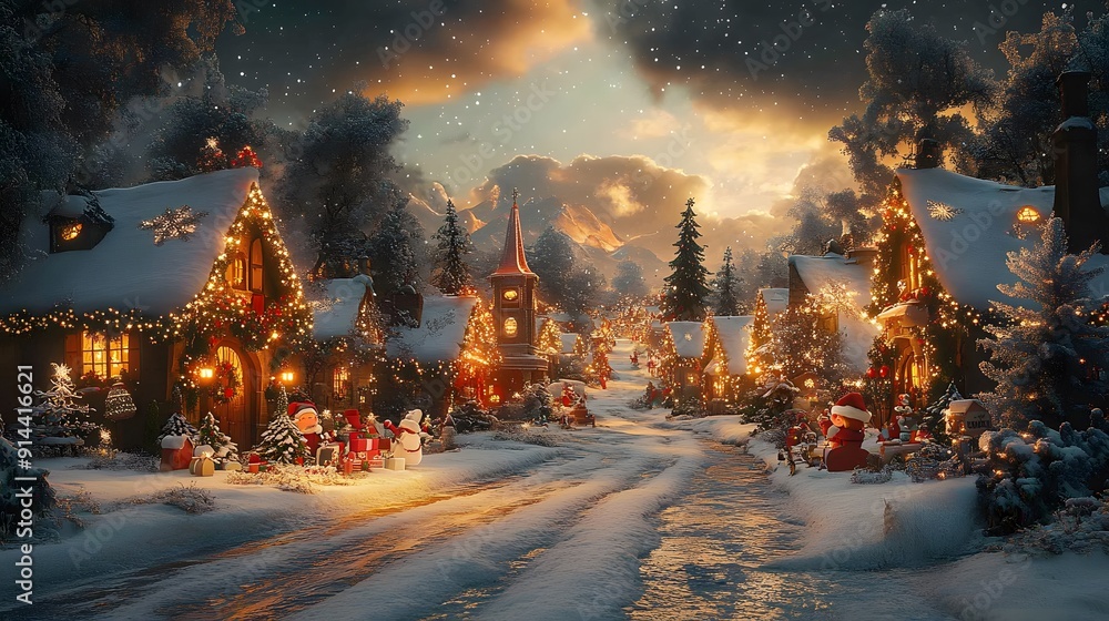 Charming Christmas Eve scene with animated characters exchanging gifts with snow-covered houses and festive cheer Charming Christmas Eve scene with animated characters exchanging gifts with snow-covered houses and festive cheer