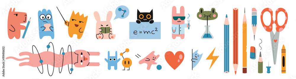 Set of cute funny characters and stationery. Education and study concept. Frog, rabbit, capybara and cat go to school. Trendy modern vector illustration isolated on white, hand drawn, flat Set of cute funny characters and stationery. Education and study concept. Frog, rabbit, capybara and cat go to school. Trendy modern vector illustration isolated on white, hand drawn, flat
