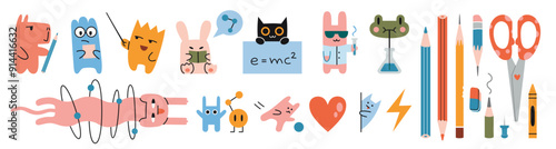 Set of cute funny characters and stationery. Education and study concept. Frog, rabbit, capybara and cat go to school. Trendy modern vector illustration isolated on white, hand drawn, flat