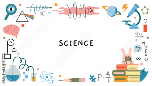 Science research concepts.  Round frame on the theme of physics, biology and chemistry. Education and study concept. Trendy modern vector illustration isolated on white, hand drawn, flat