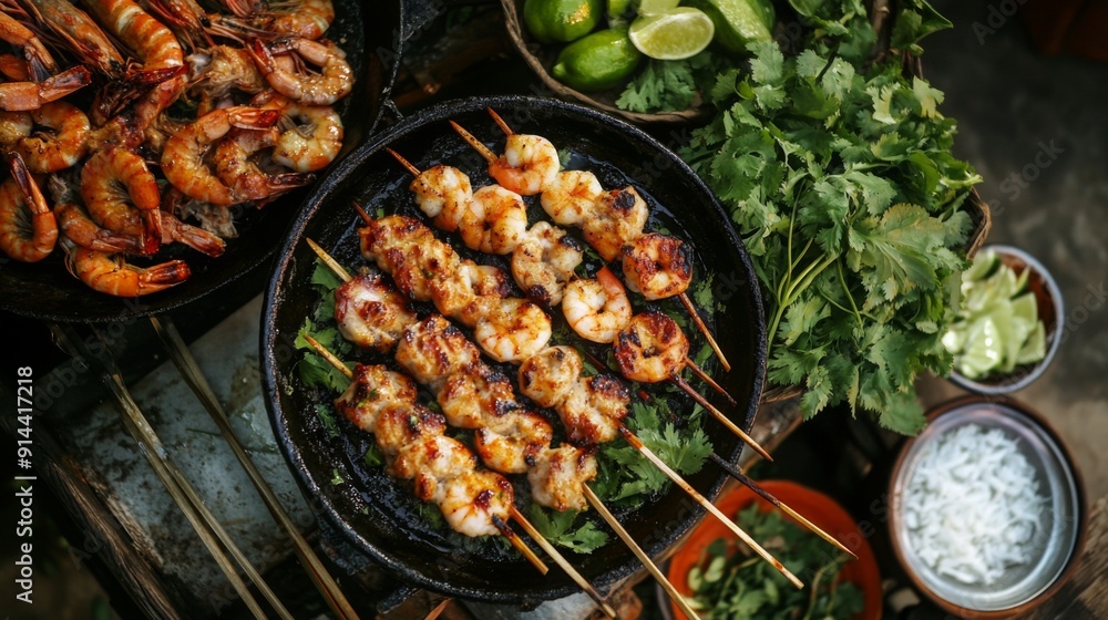 Juicy shrimp skewers sizzle alongside fresh herbs, lime, and spices, creating an appetizing outdoor feast. Juicy shrimp skewers sizzle alongside fresh herbs, lime, and spices, creating an appetizing outdoor feast.