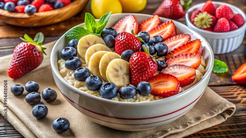 A Bowl of Sunshine: A vibrant, colorful depiction of oatmeal topped with a rainbow of fresh fruits. Generative AI A Bowl of Sunshine: A vibrant, colorful depiction of oatmeal topped with a rainbow of fresh fruits. Generative AI
