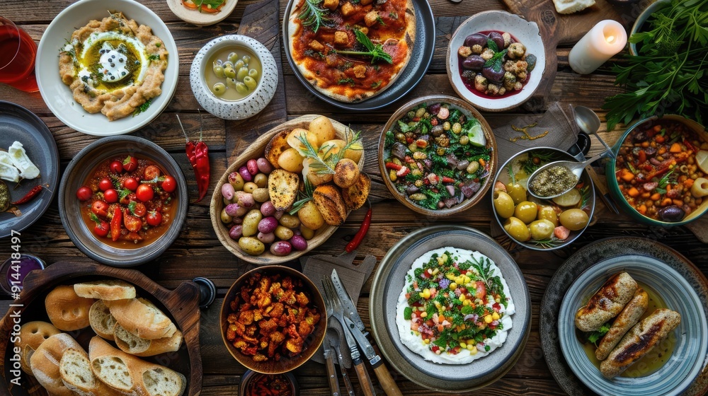 A delicious spread of Middle Eastern food, perfect for a family gathering. A delicious spread of Middle Eastern food, perfect for a family gathering.