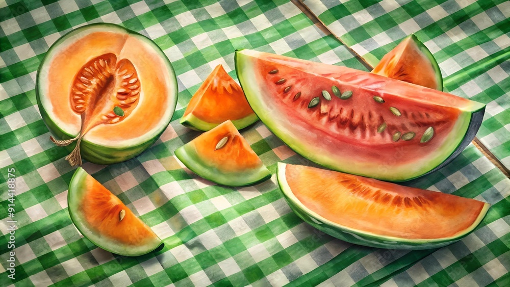 Watercolor Melons on a Summer Picnic Blanket generative AI Watercolor Melons on a Summer Picnic Blanket generative AI