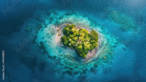 Aerial view of a small, tropical island with lush vegetation surrounded by turquoise water.