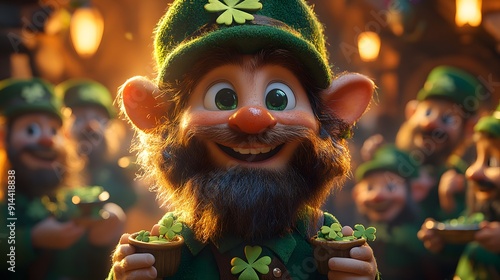 Joyful Patrick Day celebration with animated characters in green attire enjoying shamrocks and festive foods photo