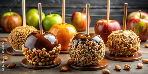 Gourmet caramel apples with assorted toppings , caramel, apple, gourmet, sweet, dessert, treat, delicious, indulgent photo