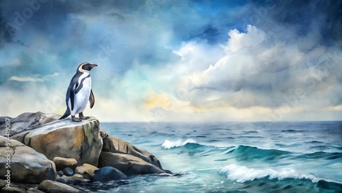 A Penguin's Rocky Perch: A Watercolor Portrait of Solitude  Generative AI photo