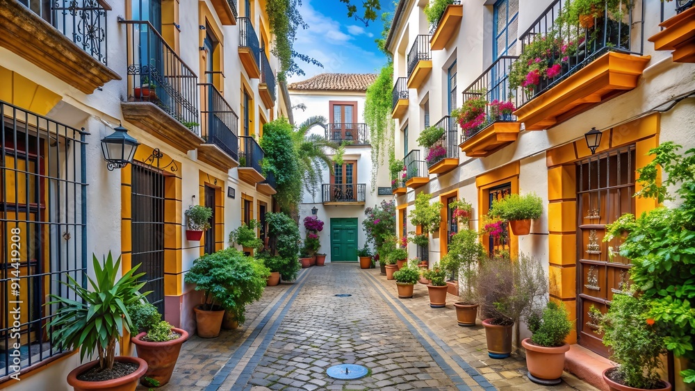 Fototapeta premium A Tapestry of Tile and Stone: A Street in Seville's Barrio Santa Cruz AI Generated