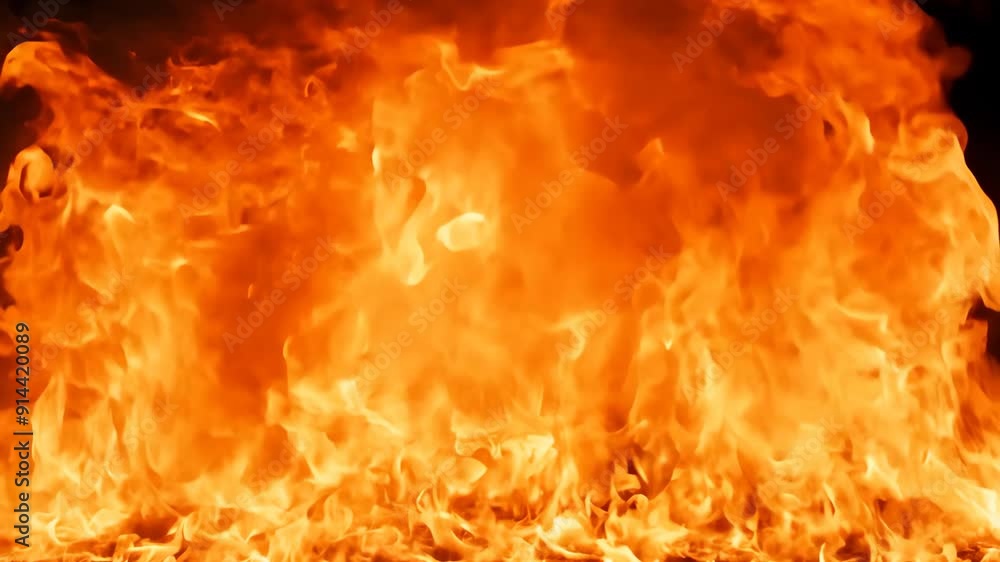 Intense orange and red flames on a black background, aggressive and wild fire behavior.