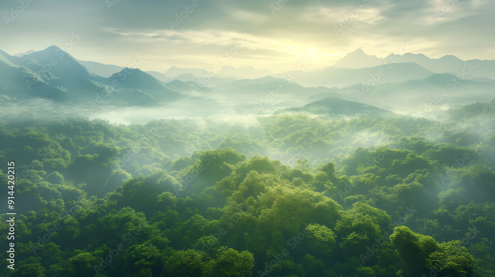 A lush green forest with mountains in the background A lush green forest with mountains in the background