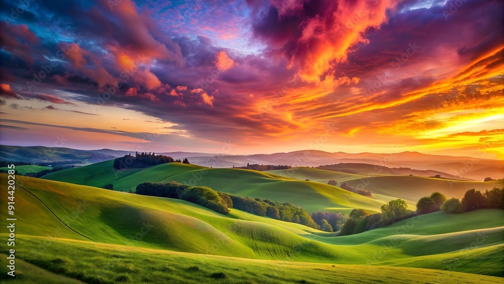 Obraz premium A Symphony of Hues: A Sunset Over a Rolling Hillside AI Generated