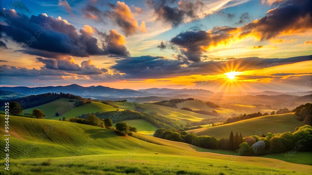 Fototapeta premium Serene Sunset Over Rolling Hills Generative AI