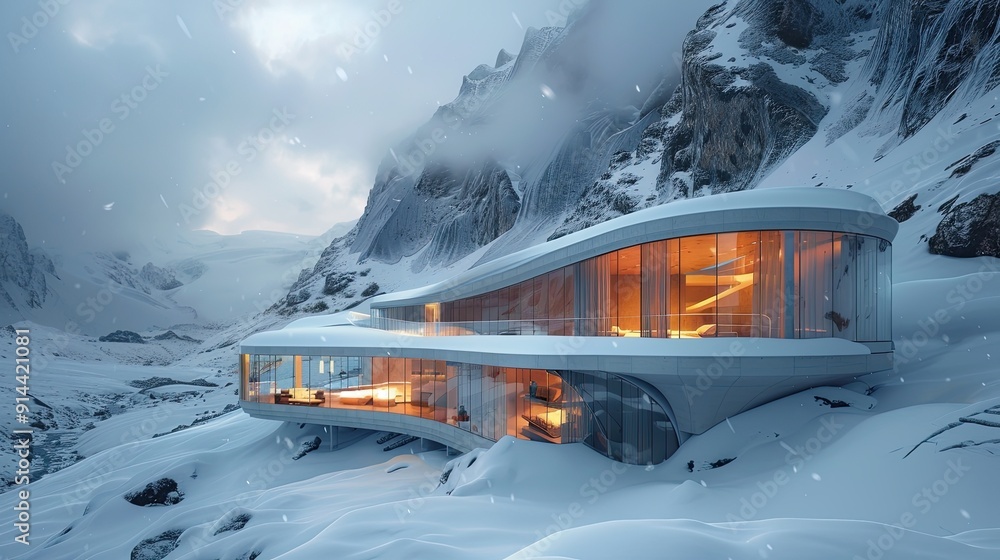 A futuristic glass cabin nestled in a snowy mountain pass, blending modern architecture with natural beauty A futuristic glass cabin nestled in a snowy mountain pass, blending modern architecture with natural beauty