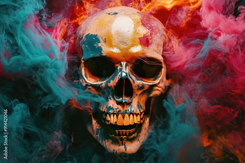 Skull in Colorful Smoke with an Open Mouth and Teeth