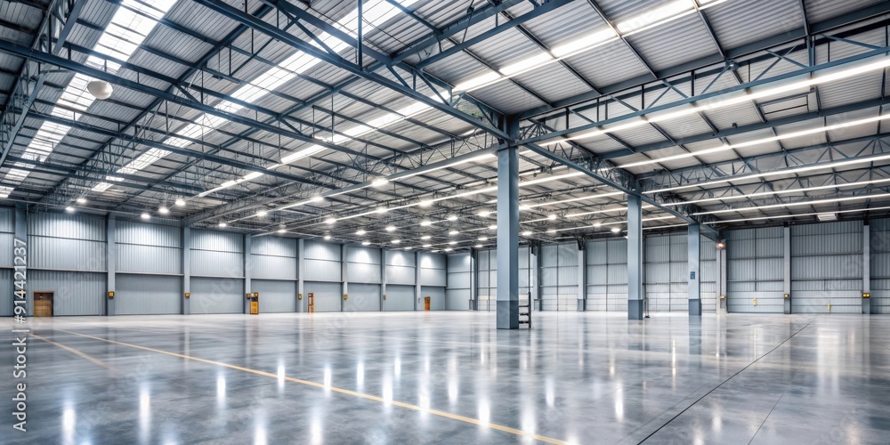 Empty warehouse space with concrete floors and high ceilings, abandoned, vacant, desolate, industrial, vast, roomy, storage Empty warehouse space with concrete floors and high ceilings, abandoned, vacant, desolate, industrial, vast, roomy, storage