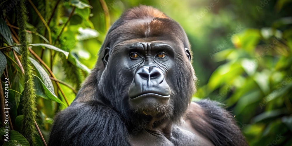 Fototapeta premium Majestic silverback gorilla in the jungle captured through a telephoto lens, gorilla, jungle, wildlife, nature