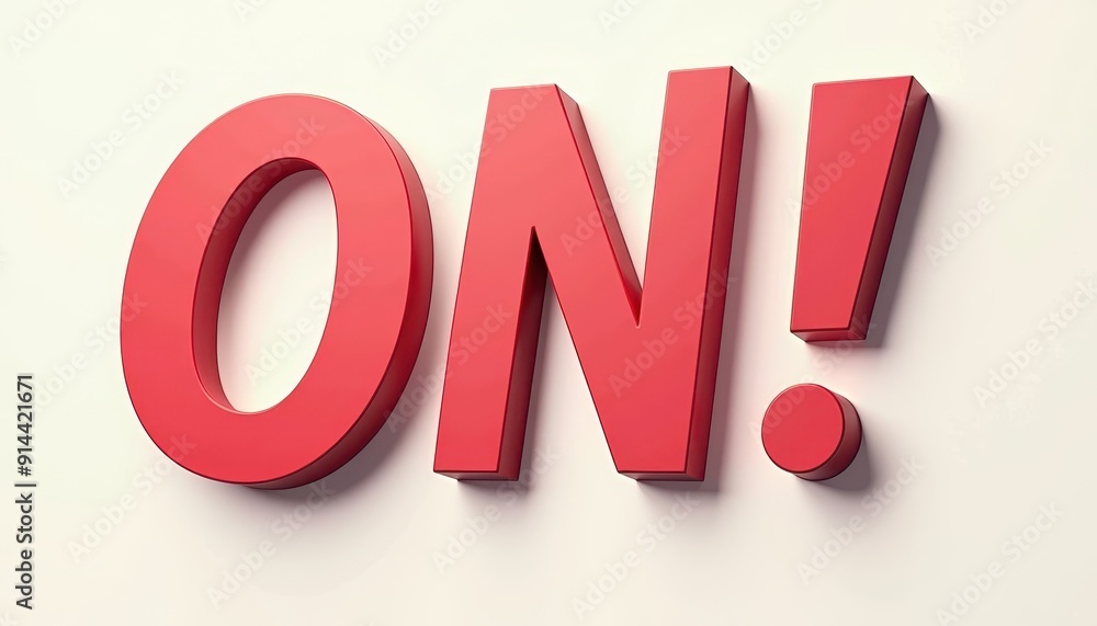 Bold red 'ON!' text against a neutral, light-colored background. Bold red 'ON!' text against a neutral, light-colored background.