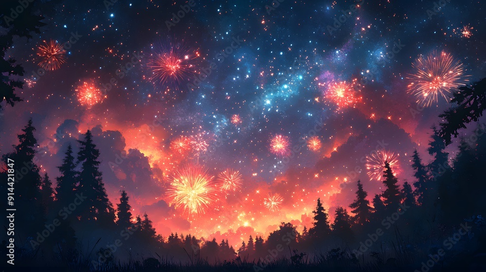 Magical Memorial Day fireworks with animated characters enjoying the night sky filled with colorful explosions