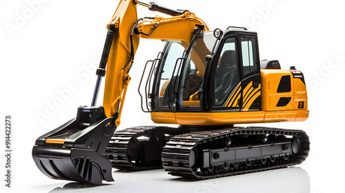 Yellow excavator with black tracks and bucket on white background.