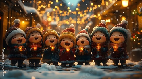 Joyful Christmas Eve caroling with animated characters singing in the snow with festive lights and decorations