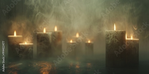 All Saints' Day. Burning candles in a dark room with smoke.