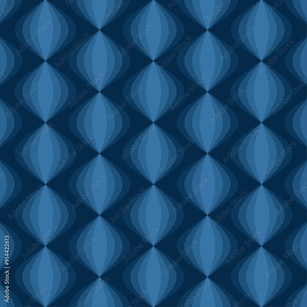 Seamless geometric pattern in shades of blue consisting of layered curved shapes. Suitable for textile designs, fabrics, tiles, wallpapers, backgrounds, etc. Seamless geometric pattern in shades of blue consisting of layered curved shapes. Suitable for textile designs, fabrics, tiles, wallpapers, backgrounds, etc.