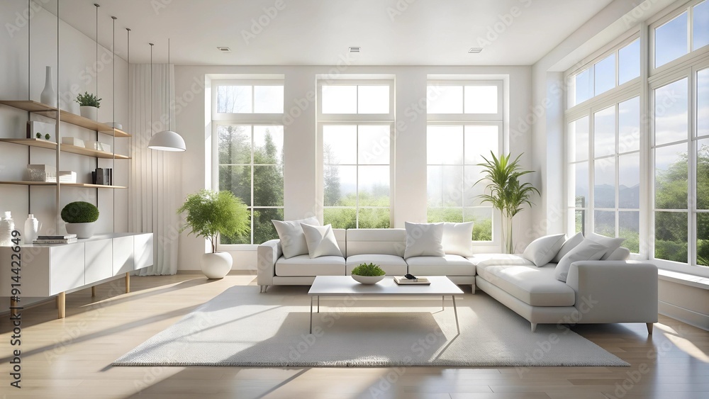 Fototapeta premium A Serene Minimalist Haven: An All-White Living Room with Sunlight Streaming Through Large Windows Generative AI
