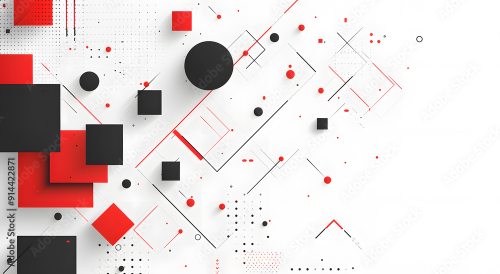 white background with red and black geometric shapes, lines, circles, and squares creating an abstract technology-inspired pattern design white background with red and black geometric shapes, lines, circles, and squares creating an abstract technology-inspired pattern design